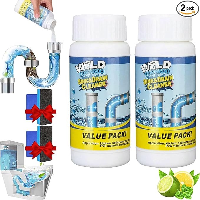 Curiovas Drain Cleaner, Wild World Tornado Sink and Drain Cleaner, DrainClog Remover Tool, Power Foam Unclogging Cleaner Powerful Pipeline Dredging Agent for Kitchen & Bathroom (2PCS)
