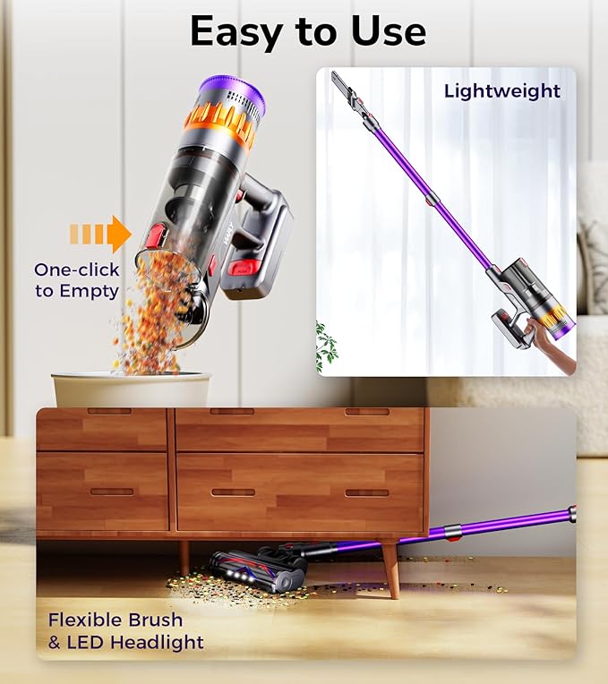 Cordless Vacuum Cleaner, 600W 50Kpa 70 Mins Cordless Stick Vacuum, Self-Standing Wireless Vacuum with Touch Screen, Charging Dock, Anti-Tangle Rechargeable Vacuum Cleaners for Home/Pet Hair/Carpet