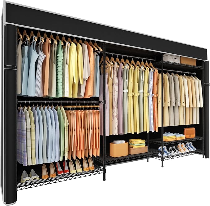 Ulif E13C Max Heavy Duty Closet Organizer System，Freestanding Clothing Racks for Hanging Clothes，Adjustable Garment Rack 86" W x16 D x77 H Hold 1100 lbs，Black Rack with Black Dustproof Cover