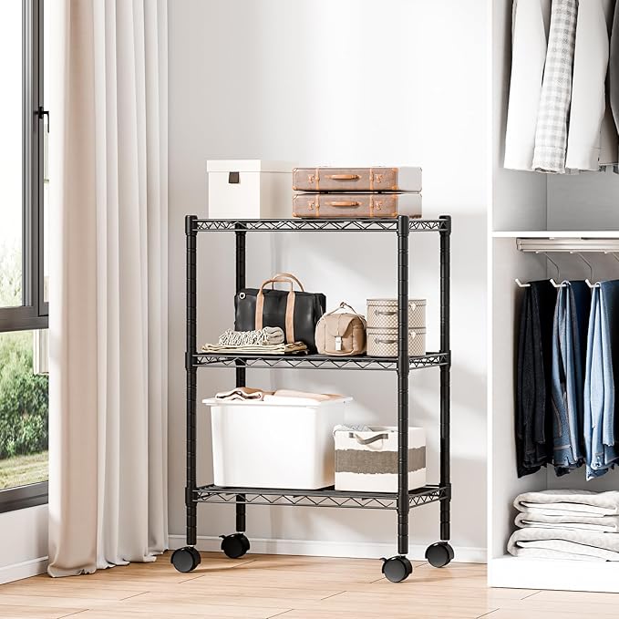 DUMOS 3 Tier Metal Shelving, Heavy Duty Shelves Wire Shelving Unit with Removable Wheel Casters, Shelves Organizer for Bathroom Garage Living Room Kitchen Pantry Laundry Black
