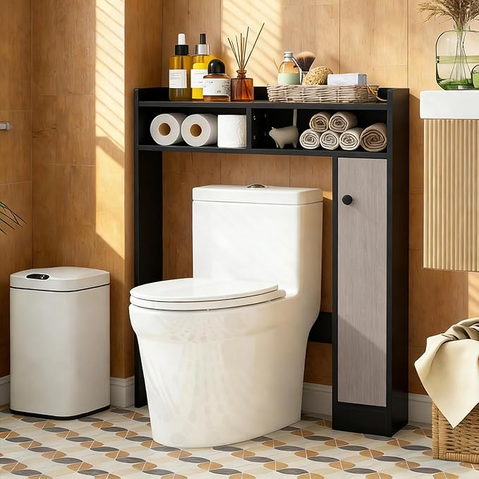 Giantex Short Over The Toilet Storage Cabinet, Bathroom Organizer w/Single Door Cabinet & Adjustable Shelves, Freestanding Space Saver Above Toilet Storage for Restroom, Laundry Room (Black+Oak)