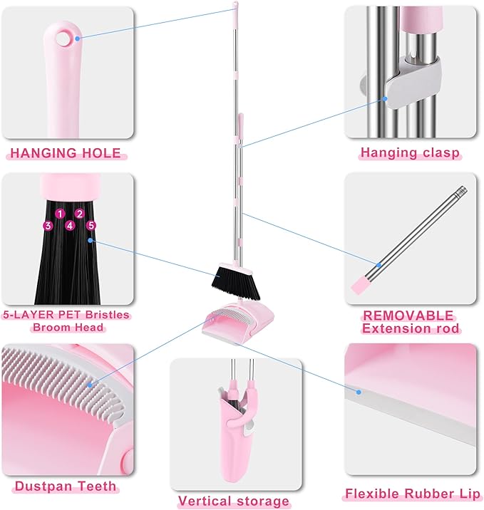 Pink Broom and Dustpan Set, 52-in Handle Broom Dustpan Combo Set Household Hand Broom with Dustpan Teeth to Clean Hair for Home Kitchen Office Lobby Sweeping Indoor（Pink）