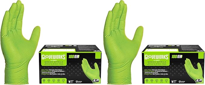 GLOVEWORKS HD Green Gloves, 8 Mil Nitrile Disposable Heavy Duty Raised Diamond Grip Mechanic Glove, Bulk Purchasing Options