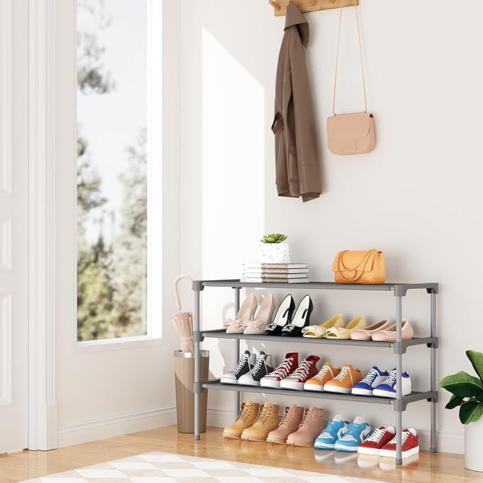 34" Widening Design Shoe Rack for Closet 16 Pairs Small Spaces Non-Woven 3 Tier Shoe Organizer Stackable Metal Shoe Shelf for Entryway, Bedroom Grey