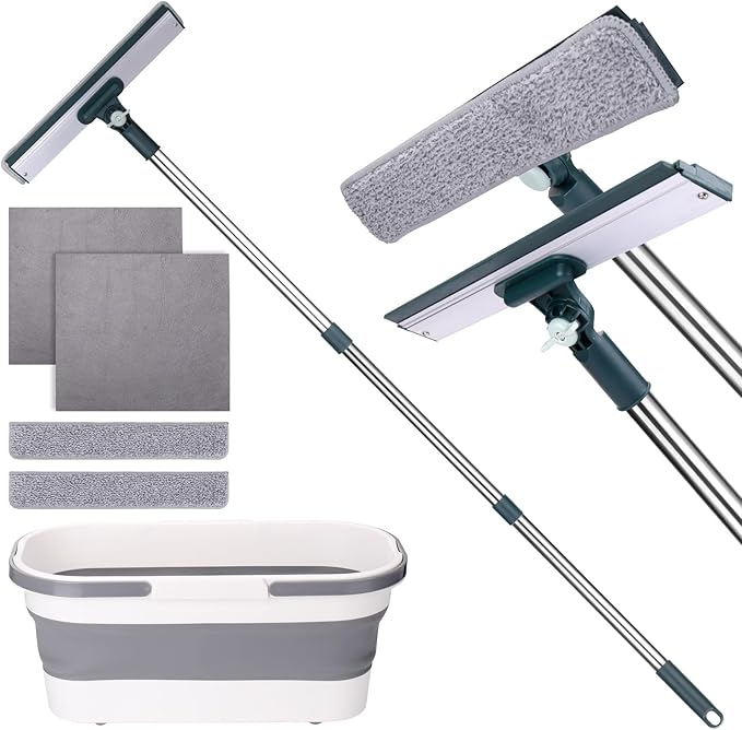XANGNIER Window Cleaning Kit Tool with Storage Bucket,Window Washing Kit with Extension Pole,Professional Windows Washer Cleaner Squeegee Kits,Commercial&Household Use,Indoor&Outdoor High Windows