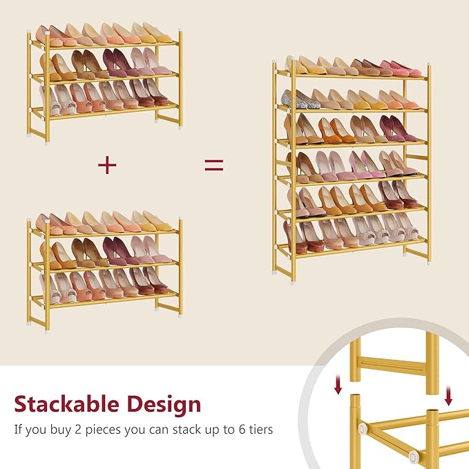 Tajsoon Expandable Shoe Rack for Closet 3 Tier, 28“-41“Adjustable & Stackable Shoe Shelf Storage, Metal Shoe Rack Organizer for Front Door Entrance, Closet, Garage, Entryway, Gold