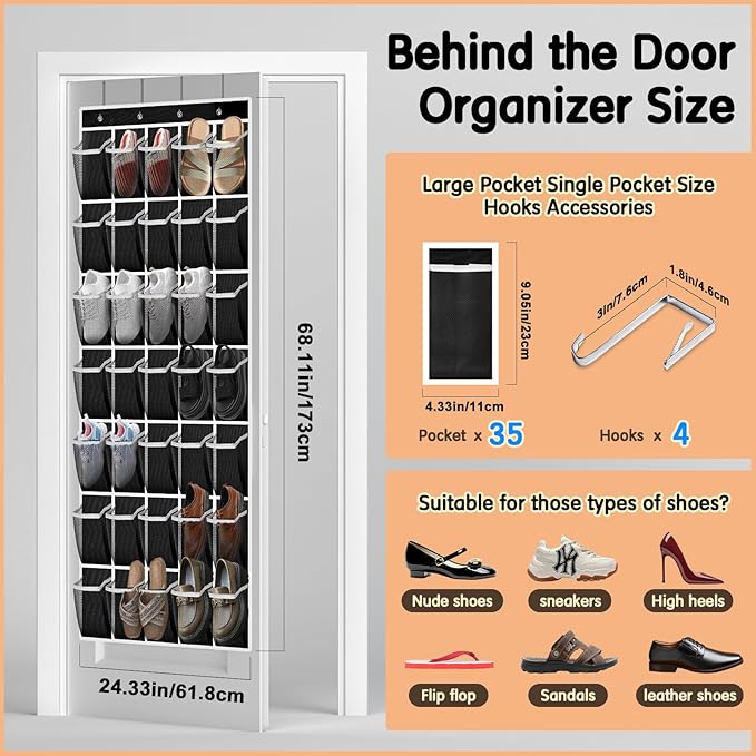 Kotkn 35 Compartment Over The Door Storage - Breathable Mesh Hanging Organizer with Large Pockets, Space Saving Design for Men & Women's Footwear, Closet, Bedroom- Black (Black, 35-Pocket)
