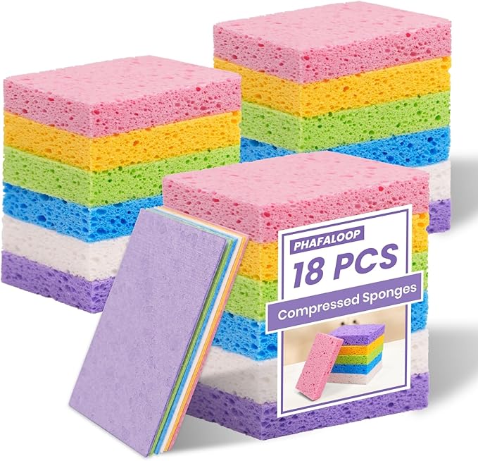 18 Pack Compressed Cellulose Sponges, 6 Color Assorted Kitchen Cleaning Sponges, Natural Wood Pulp, Scratch-Free, Durable & Reusable, Multipurpose Household & Dishwasher Safe