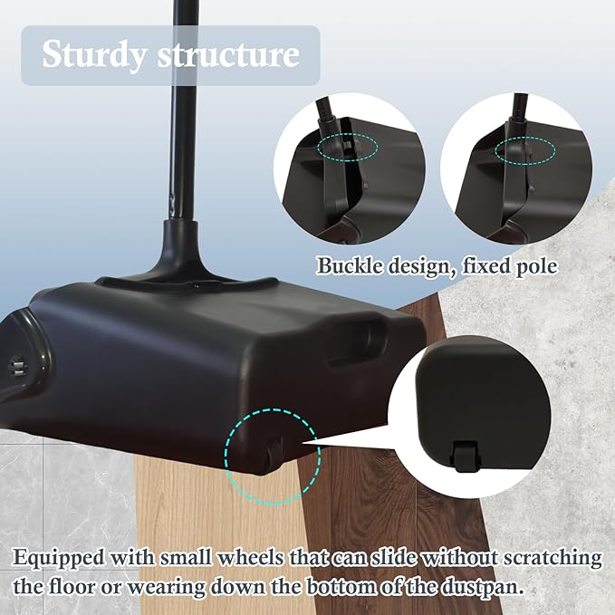 Pivoting Upright Dust Pan with Long Handle and Wheels, Large Capacity, Heavy Duty Commercial Dustpan for Indoor Outdoor, Standing Dust Pan for Home and Restaurant Cleaning, Black