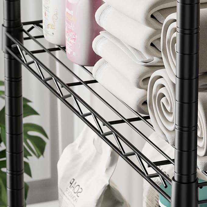 SINGAYE 5 Shelf Storage Wire Shelves Closet Bathroom Organizers Metal Pantry Kitchen Garage Shelving Unit Laundry Room Organization Home Narrow Rack Net Basket with Wheels Black