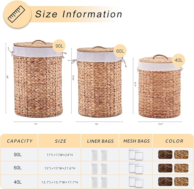 Round Water Hyacinth Laundry Hamper with Lid Handwoven Wicker Basket with Handles for Dirty Clothes, Storage, and Organization Ideal for Bedroom, Bathroom, and Laundry Room, No Assembly Required, 60L