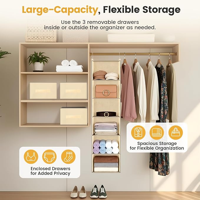 Hanging Closet Organizer 6-Shelf with 3 Drawers & Side Pockets, Closet Organizers and Storage for Dorm, Nursery & Wardrobe Organization, Hanging Shelf Clothes Organizer for Sweaters, Shoes, Beige