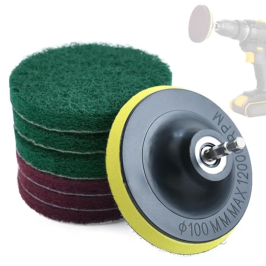 4 Inches Drill Powered Brush Tile Scrubber Scouring Pads Cleaning Kit, Disc Pad Holder with 6 Scrubbing Pads Abrasive Buffing Pads for Kitchen, Bathroom, Grout, Carpet, Tub, Grill, Tile