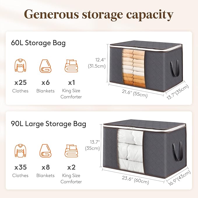 Lifewit 9 Pack 90L Clothes Storage Bins with Lids, Foldable Blanket Storage Bags with Zippers, Clear Window and Reinforced Handles, Closet and Organization for Clothing, Sweater, Comforter, Bedding