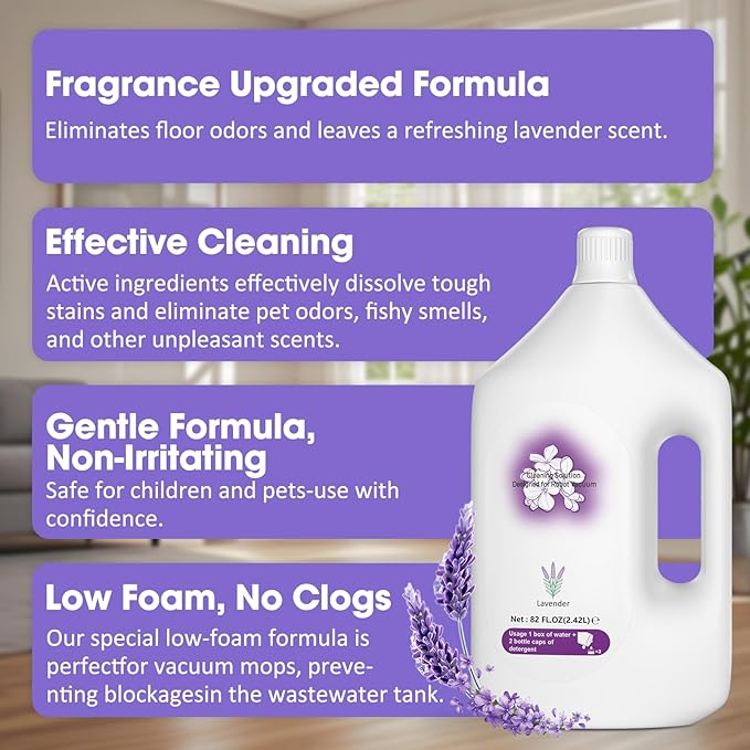 82 FL OZ/2.42 L Lavender Scented Floor Cleaning Solution Compatible with Ecovacs X1/X2/X5/X9/X11/T20/T30/T80/N20/N30 Series and all other Robot Vacuum, Deep Deodorization Free Stain Busting Residue