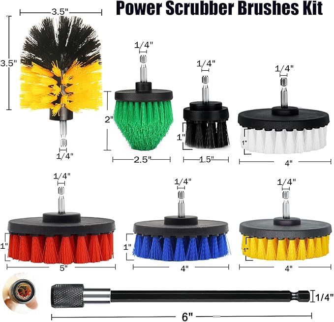 8 Pack Drill Brush Attachment Set,1/4in Power Scrubber Brush + Extend Long Attachment,Multi-Purpose Brush Drill Attachment, Power Cleaning Scrub Brush for Bathroom, Tub, Tile, Corner