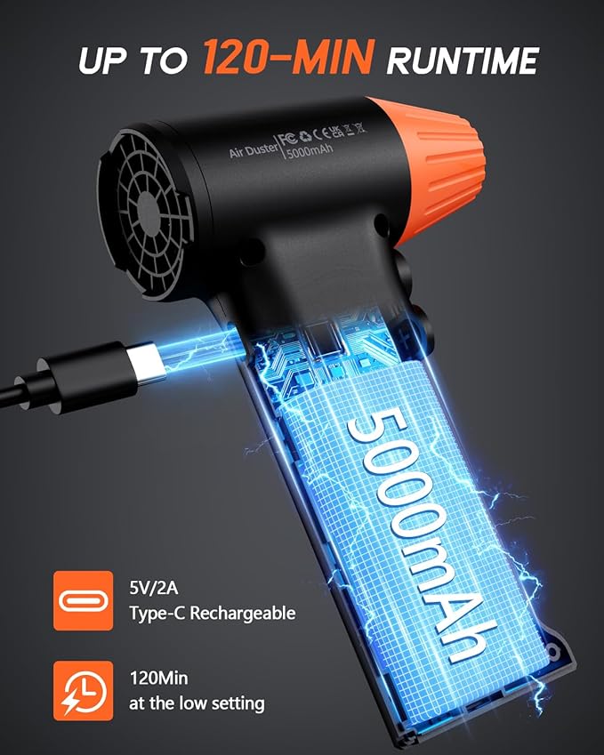 ATEngeus HF600-Pro Compressed Air Duster, 130000RPM Super Power Cordless Electric Air Duster, Rechargeable Handheld Air Blower for PC, Keyboard, Devices, Car, House Cleaning, Car Snow Blower, 3 Gear