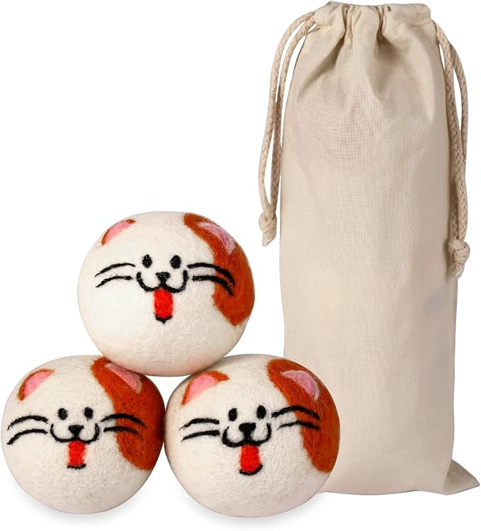 Dryer Balls Laundry Reusable - XL Wool Dryer Balls - Handmade Cute, Extra Large Dryer Balls, Shorten Drying Time, Organic Wool - Dry 1000+ Loads (3 Pack Cat Shape)