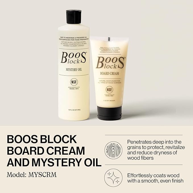 John Boos 2-Piece All-Natural Care & Maintenance Set – 16 oz Mystery Oil & 5 oz Board Cream for Butcher Blocks, Cutting Boards, Wood Countertops, and Wooden Utensils