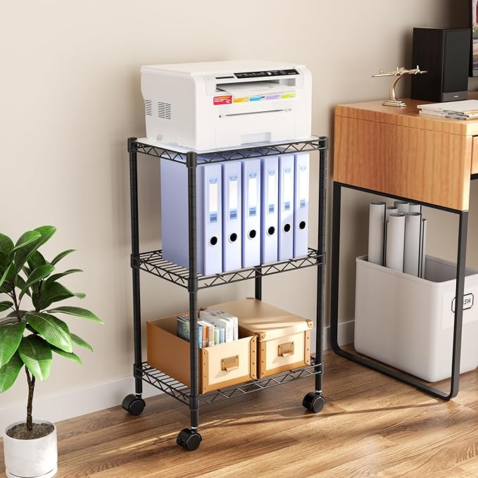 Golpart Small 3 Tier Shelves Storage Wire Shelving Unit Metal Shelf Adjustable Organizers Storage Shelving with Wheels for Bathroom Laundry Room Kitchen Pantry12”D x 18”W x 30.7”H Black