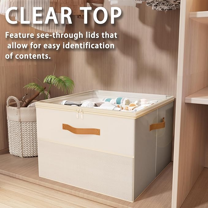 Shoe Organizer for Closet,2 Pack Foldable Shoe Storage Organizer Box Bin with Adjustable Dividers and Clear Cover, Fits up to 16-32 Pairs（Beige）