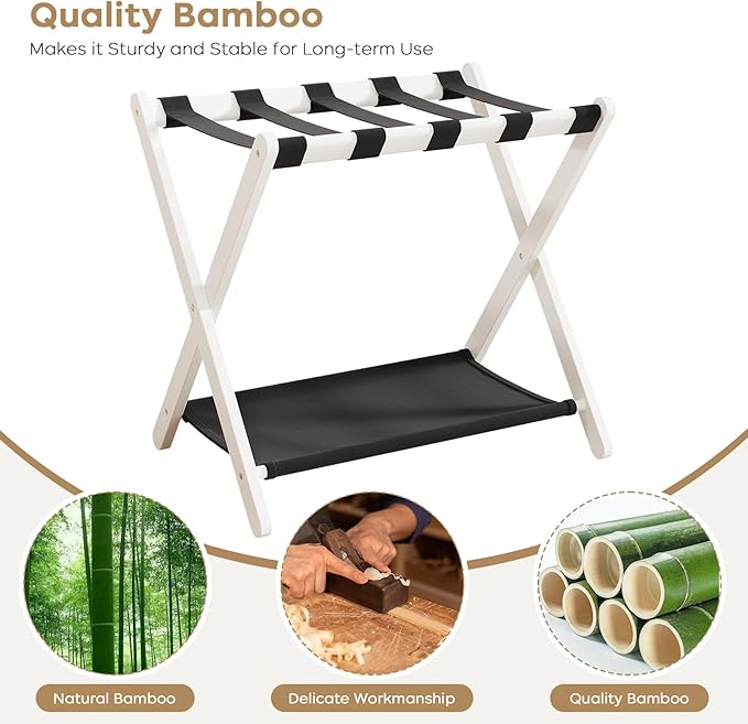 oakvivo Fully Assembled 2 Pack Luggage Rack with Fabric Storage Shelf, 26.77" Bamboo Folding Luggage Rack for Guest Room, Luggage Stand Holder, Thickened Suitcase Stand Holds up to 165 Lbs, White
