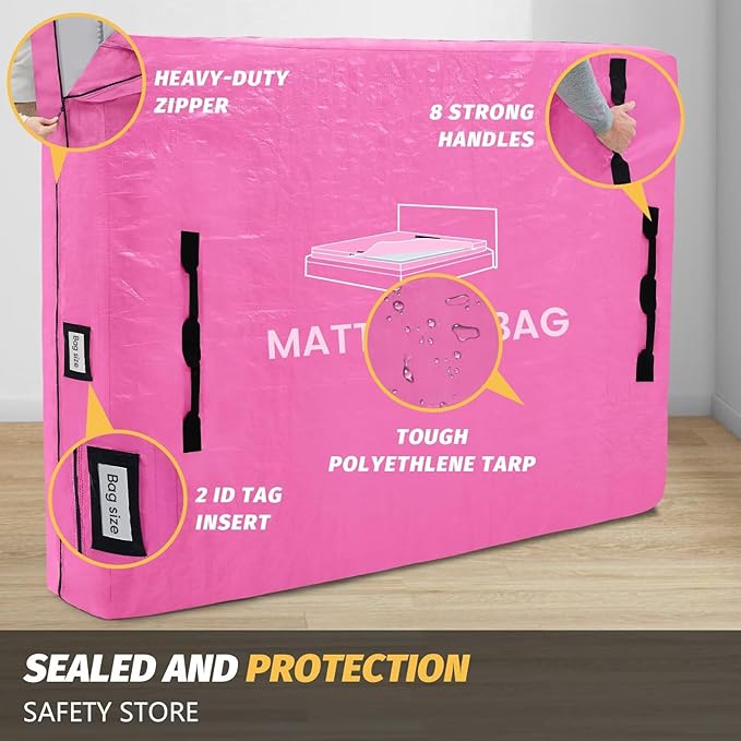 Mattress Bags for Moving and Storage, BETU Queen Mattress Protector Waterproof Mattress Cover with 8 Heavy Duty Handles and Zipper Extra Thick Moving Supplies for Bed Reusable (82x62x13.5 Pink)