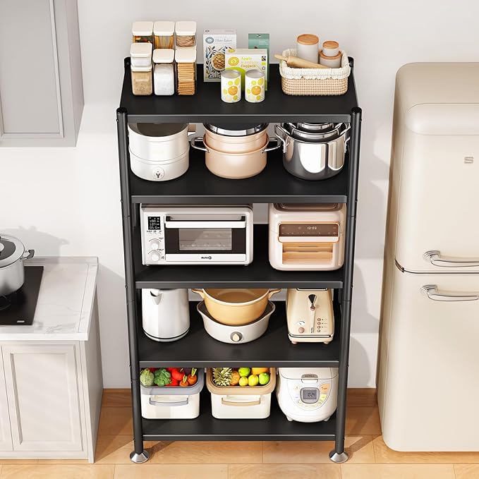 5 Tier Adjustable Storage Shelves, Heavy Duty Metal Storage Rack with Wheels, Shelving Units Utility Shelf for Kitchen, Pantry, Bathroom, Garage, Office Organization and Storage, Black, 13"x24"x59.7"