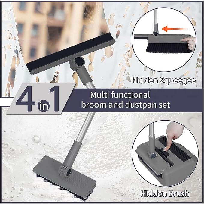 SDSM 4 in 1 Multifunctional Broom and Dustpan Combo Set, Heavy Duty Brooms with 52" Long Handle, with Squeegee and Cleaning Brush, for Clean Home Kitchen Bathroom Office, Sweeping indoor Outdoor Floor