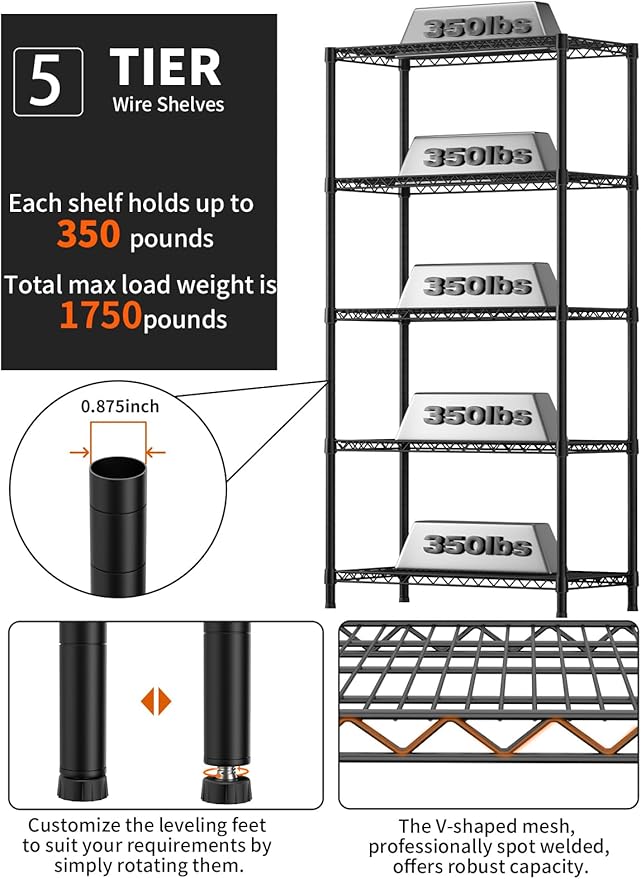 Golpart 5 Tier Heavy Duty Adjustable Storage Shelf Organizer Storage Metal Shelves Garage Wire Shelving Unit Pantry Rack 18" D x 36" W x 71.25" H,Black