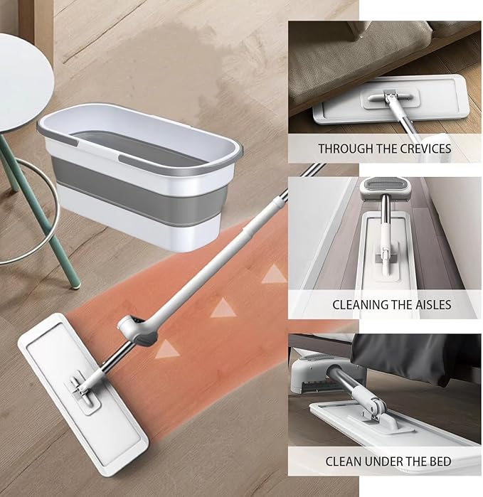 Large Flat Mop and Scalable Bucket with Wheels，360° Rotating Microfiber Dust ，Mop with Dewatering Scraper，54" Adjustable Stainless Steel (1 Mop + 4 Microfiber Pads + 1 Bucket)