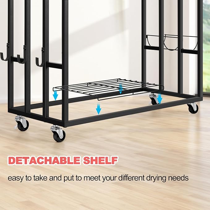 Towel Rack for Bathroom Freestanding Towel Holder Stand Black Blanket Holder for Floor Large Towel Cart with Wheels, Storage Shelves, 6 Metal Hooks for Bathroom, Pool, Living Room