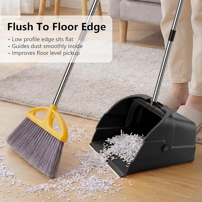 Jumbo Commercial Dustpan with Wheels & Comb Teeth - Heavy Duty Rolling Debris Pan - Long Handle Extra Large Upright Dust Pan for Industrial Warehouse Garage Restaurant Sidewalk Outdoor - Black