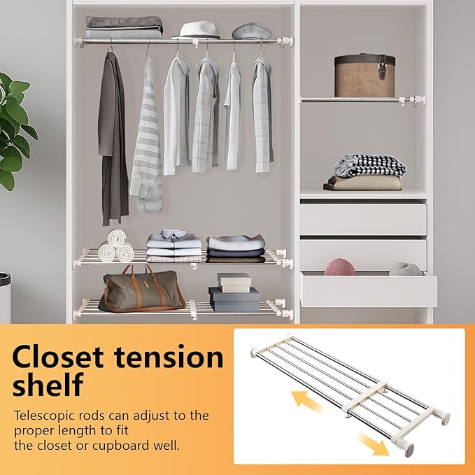 BAOYOUNI Tension Closet Shelf, Adjustable Storage Rack Separator Wardrobe Cupboard Divider Organizer Rod for Kitchen Bathroom Bedroom, 23.62-39.37 Inch