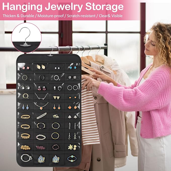 2 Pack Hanging Jewelry Organizer, 80 Clear Pockets earring organizer and storage, Accessories holder organizer for Closet, Jewelries, Necklace, Travel