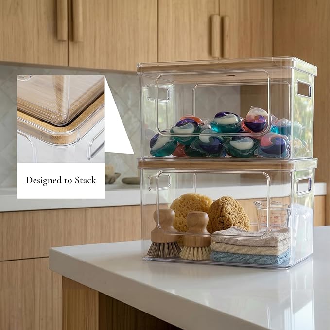 Hudgan Stackable Storage with Bamboo Top for Laundry Room Organization, Extra Large Trash Bag/Garbage Bag Dispenser, Under Sink Organizer, Pantry Organizers