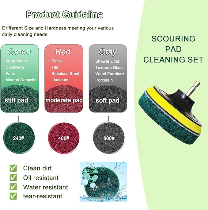 4 Inch Drill Brush Attachments for Cleaning Household Drill Brush Scrubber for Bathroom & Kitchen with Disc Pad Holder and Adapter，9 Scouring Pads（3 Different Stiffness） 11Pcs