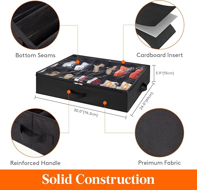 Lifewit Under Bed Shoe Storage Organizer Set of 2, 4.3 Inches Tall Low Profile Fabric Shoes Container Box with Clear Cover, Foldable Storage Bag with 2 Handles, Total Fits 24 Pairs of Shoes, Black