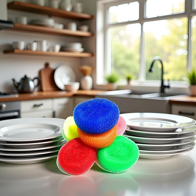6Pcs Random Color Plastic Cleaning Ball Dish Cleaner Brush,Non Scratch Round Dish Scrubbers,Nylon Scouring Pads,Mesh Scourers Poly Mesh Scouring Dish Pads Cleaning Supplies for Dishes,Dishwashing