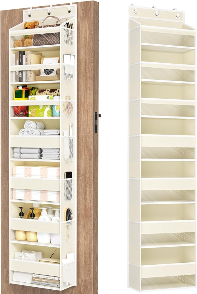 Mefirt Over The Door Organizer, 7 Tier Door Hanging Organizers with 7 Large Pockets 12 Side Pockets, Behind Door Storage Hanging Shelves for Closet Bathroom Bedroom Nursery