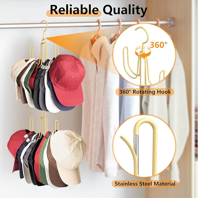 NANATI Hat Hangers for Closet, Stainless Steel Hat Organizer, Hat Racks for Baseball Caps, Cap Organizer for Baseball Caps, Gold, 1Pack