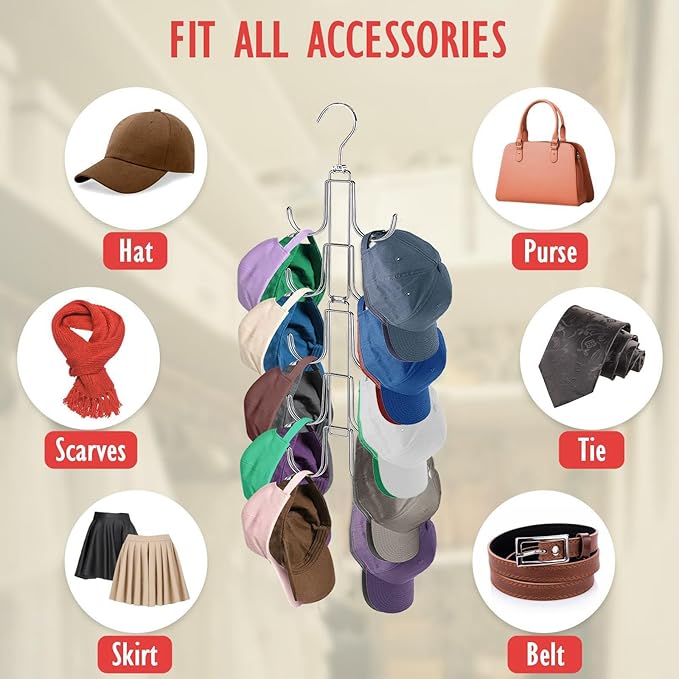Hat Organizer for Closet, Collapsible Caps Rack with 10 Rotatable Large Hooks, Holds Up to 40 Baseball Caps, Metal Space Saving Hat Hanger for Display, Storage and Closet Organizers, Silver