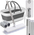 Flat Mop and Bucket Set with Heavy Duty Scrub Brush, 2 Washable Reusable Microfiber Pads, for Tile Hardwood, Wall Cleaning, Home Indoor or Outdoor Cleaning (White-Gray)
