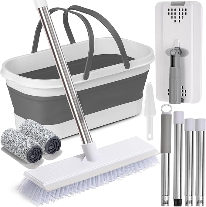 Flat Mop and Bucket Set with Heavy Duty Scrub Brush, 2 Washable Reusable Microfiber Pads, for Tile Hardwood, Wall Cleaning, Home Indoor or Outdoor Cleaning (White-Gray)