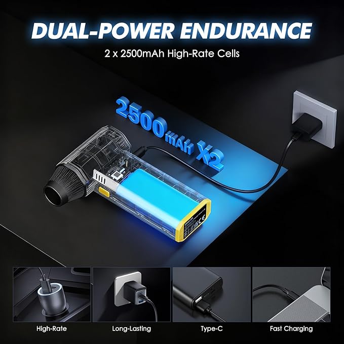 Electric Air Duster - 110,000 RPM Compressed Air Duster, 120W Cordless Air Blower for Computer Keyboard，House, Outdoor & Car, 3-Speed Rechargeable Mini Turbo Fan, Type-C Fast Charge (X113)