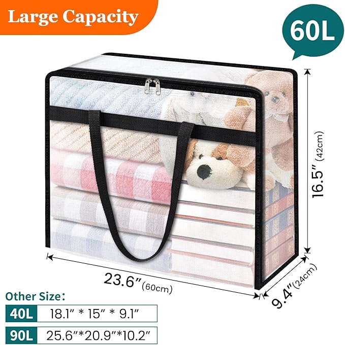 TasticTotes 8 Pack Clear Storage Bags for Comforter, Clothes & Bedding, Plastic Blanket Storage with Zipper and Handle, Moving Bags, Closet Organizer and Under-Bed Storage (60L)
