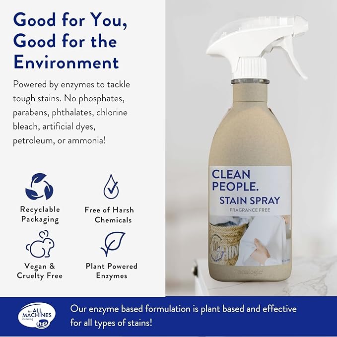 Clean People Stain Remover Spray - Natural Plant & Mineral-Based Ingredients - Non-Toxic Laundry Spot Treatment for Food, Pet & Baby Stains - Boosted with Enzymes - Fabric Safe - 16oz