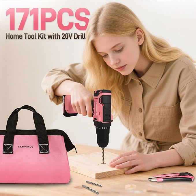 COMOWARE 20V Cordless Drill Set, 171Pcs Pink Home Tool Set with Cordless Drill Driver, Complete Repair Tool Kit for Women, Pink Storage Bag, Ideal for Office, Garden, DIY Project