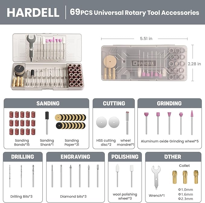 HARDELL Mini Cordless Rotary Tool 4V, 5-Speed Rotary Tool Kit with 69 Accessories, Power Rotary Tool for Cutting, Engraving, Sanding, Drilling, Polishing, Small Wood Carving tool or DIY Crafts(Black)