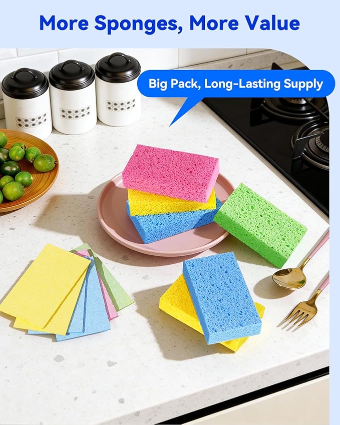 Temede 12-Count Cellulose Sponges, Non-Scratch Kitchen Sponges for Dish,Colorful Compressed Dish Scrubber Sponge for Household,Cookware,Bathroom